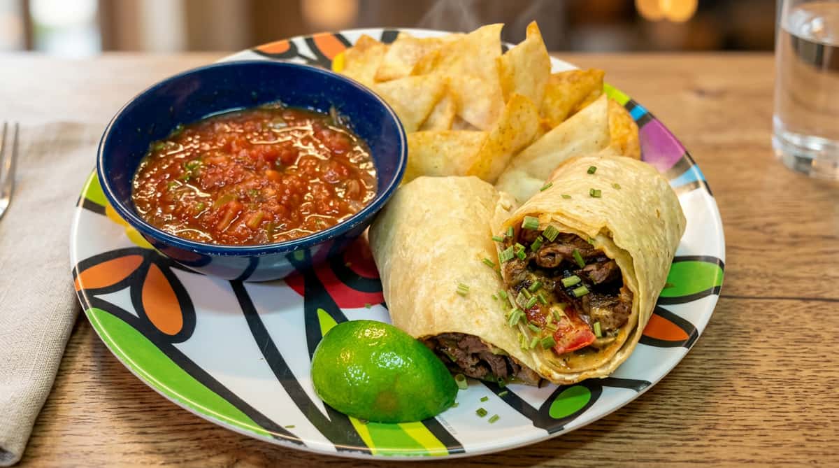 Two beef burritos with chives, salsa, tortilla chips, and a lime wedge on a colorful plate.