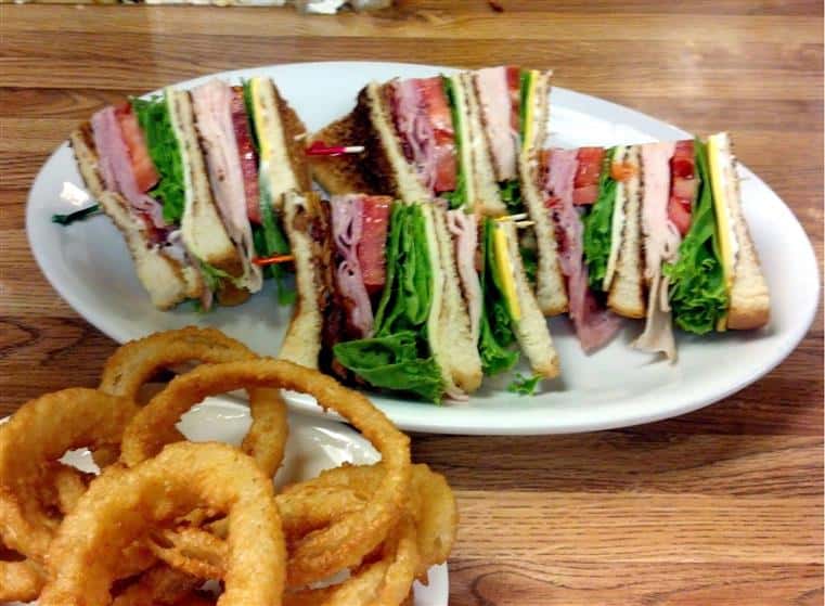 turkey sandwiches with a side of onion rings