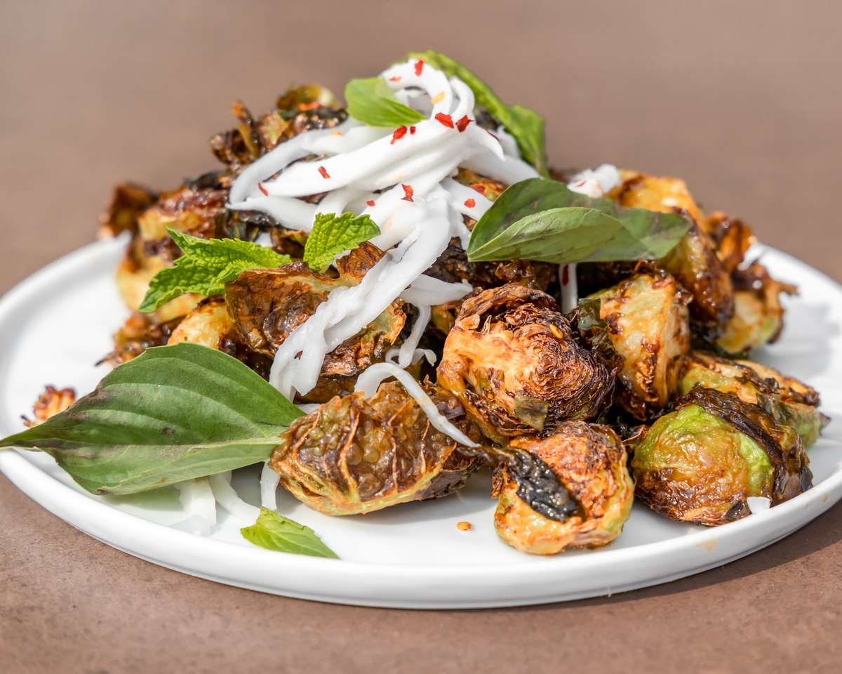 Roasted Brussel Sprouts on a white plate