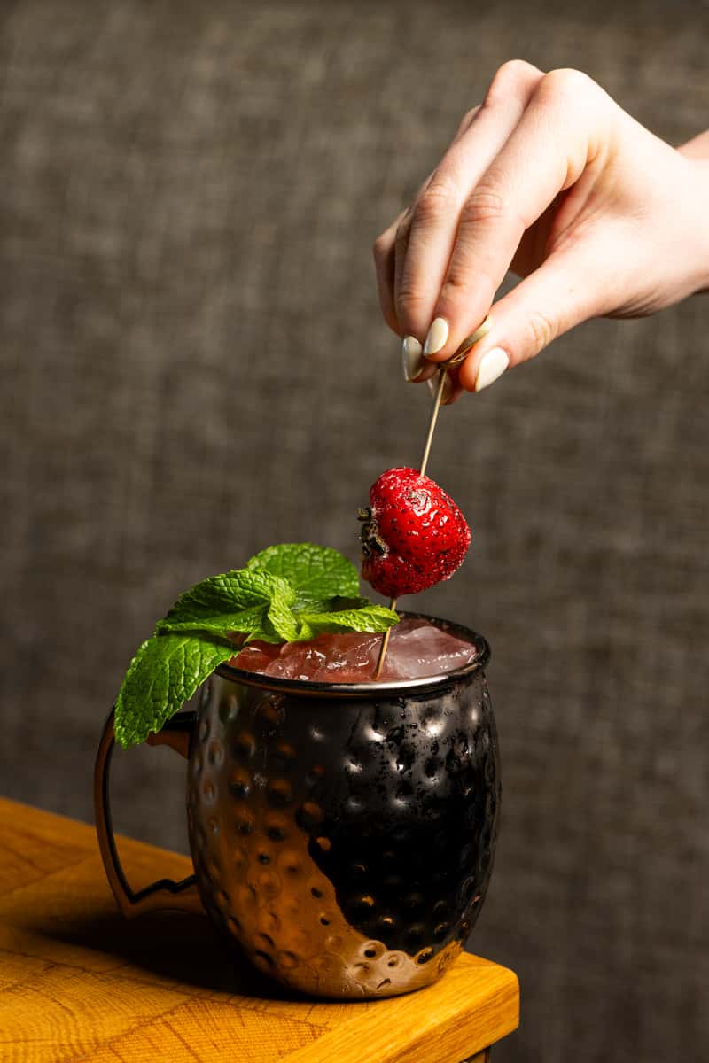 Svedka Vodka, Strawberry Purée, Lime Juice, Bene Ginger Beer, Strawberry, Mint