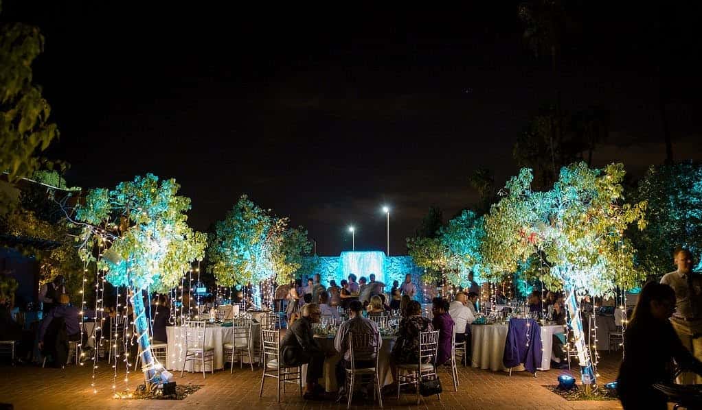 Outdoor gazebo plaza social dinner at night