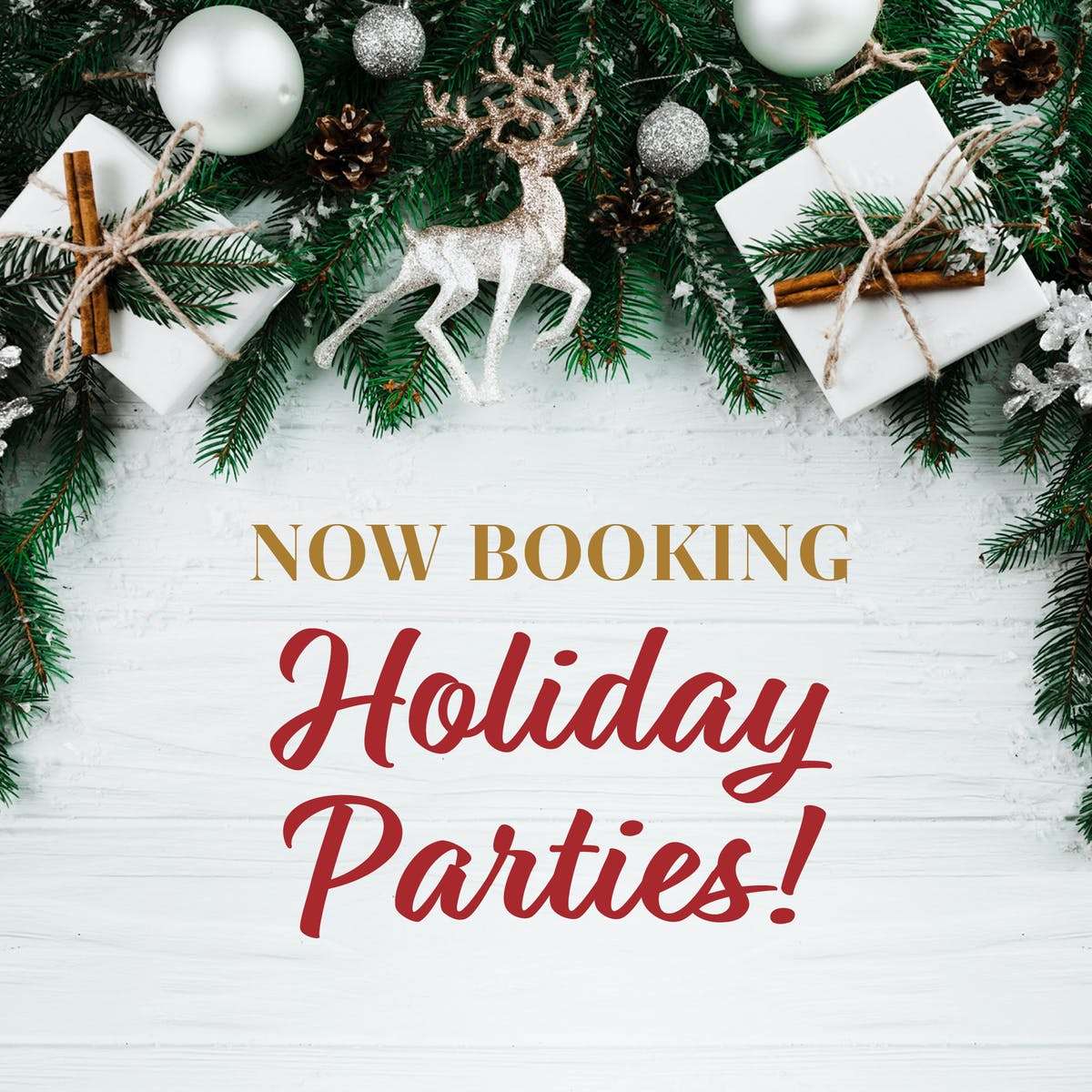 an ad saying Now Booking Holiday Parties