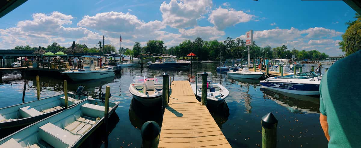 Docked boats at Whitey's Fish Camp