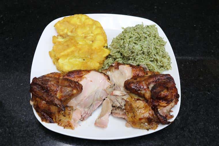 half white chicken with rice and Tostones