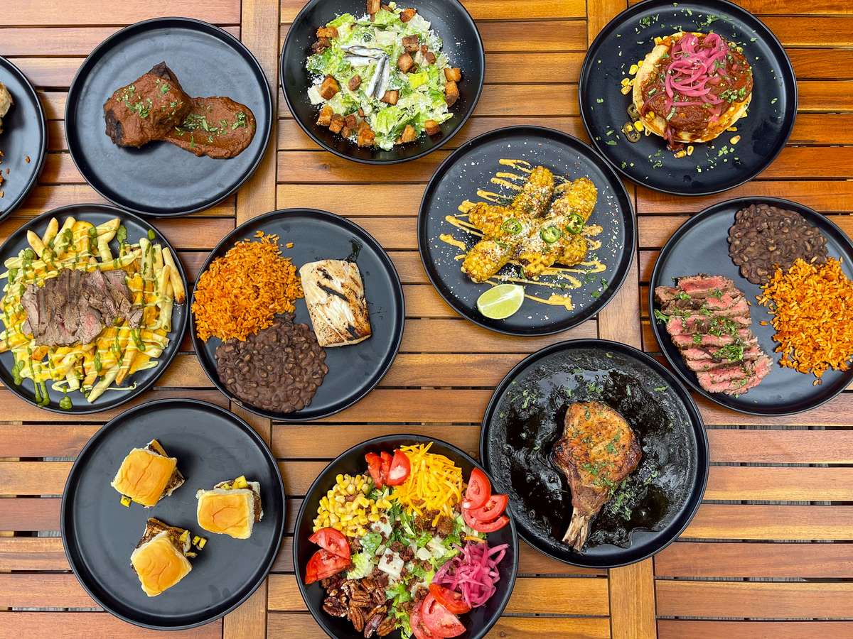 table with plates of food