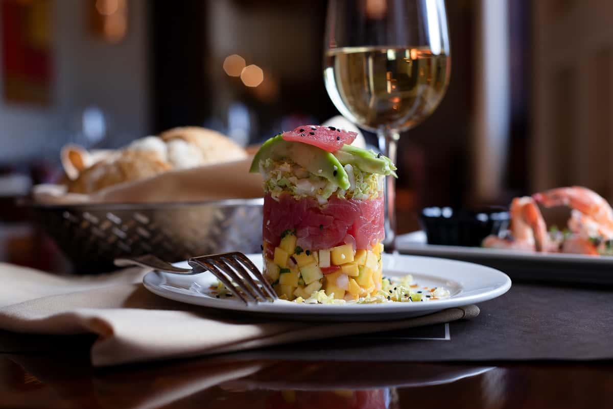 Ahi Tuna Stack with Glass of White Wine