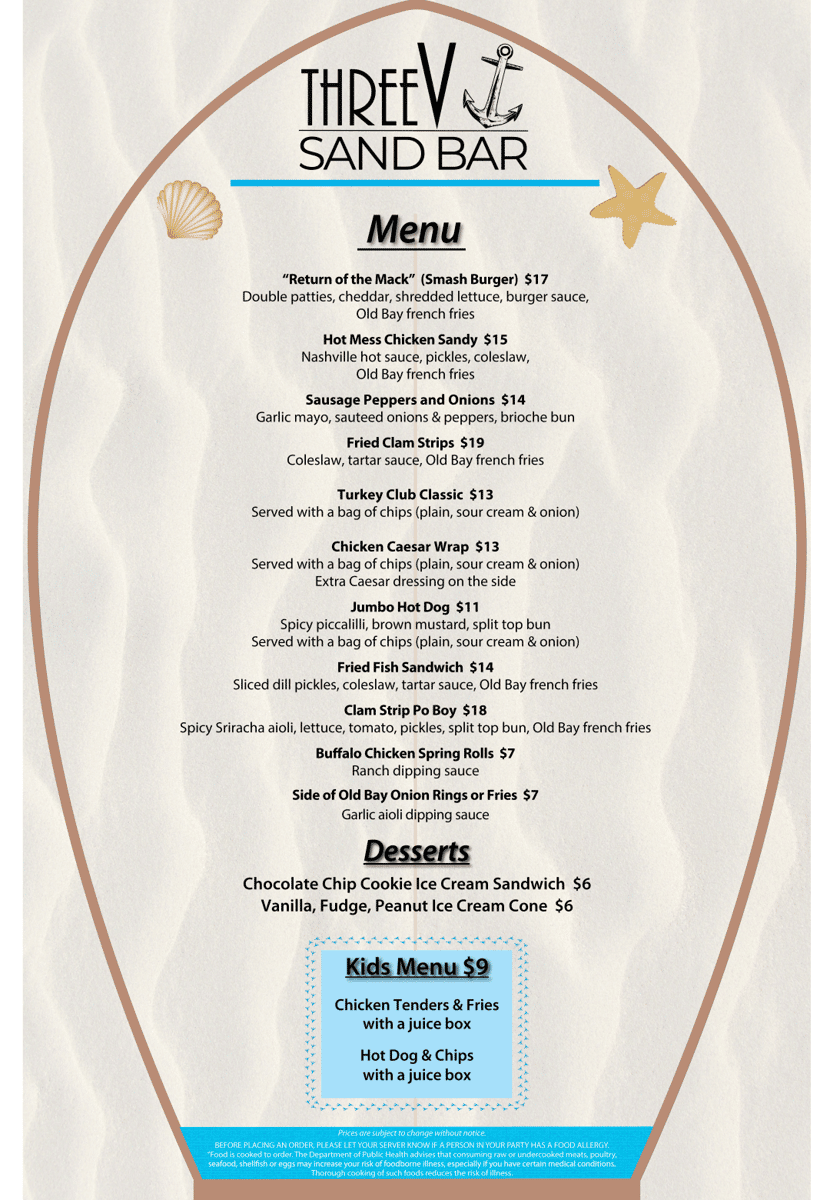 sand bar menu