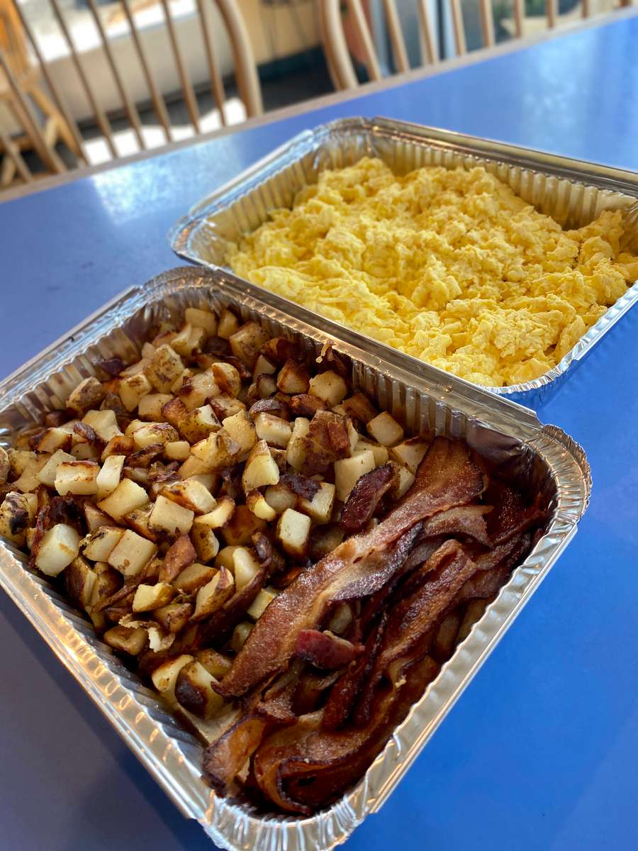 Catered breakfast in large pans