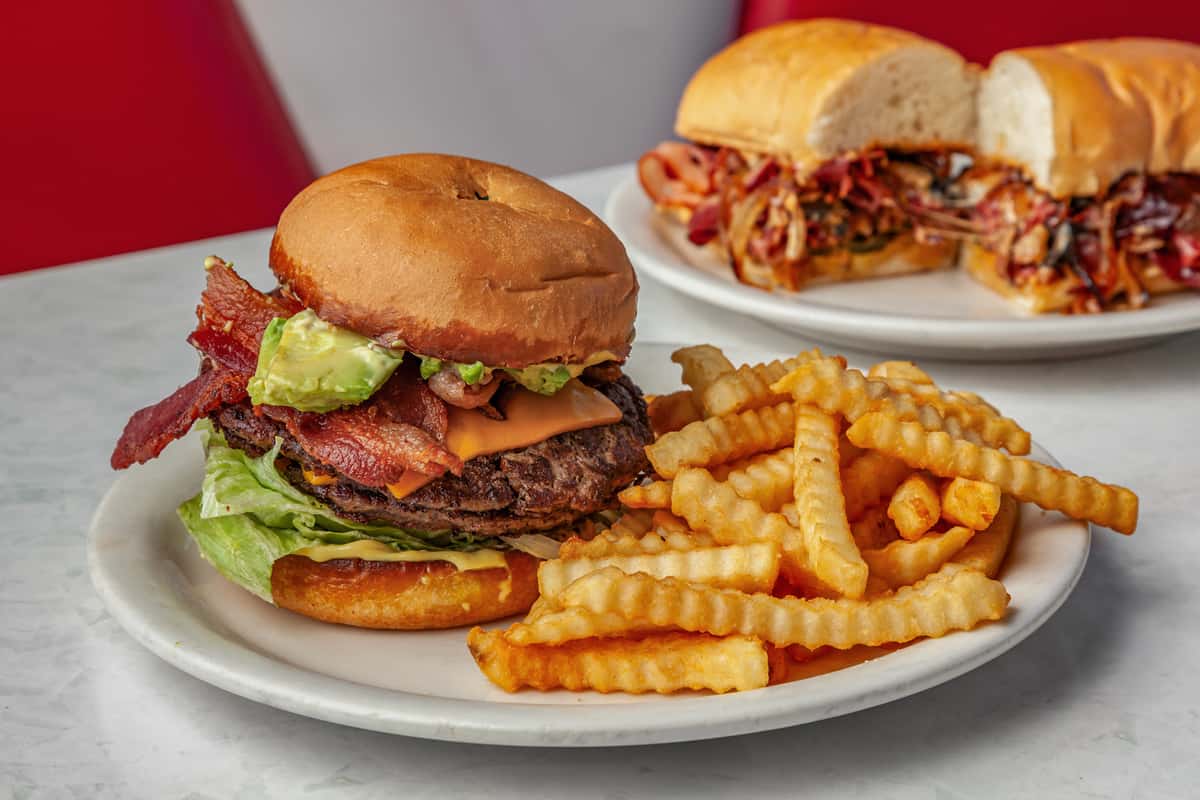 Burger and crinkle-cut fries