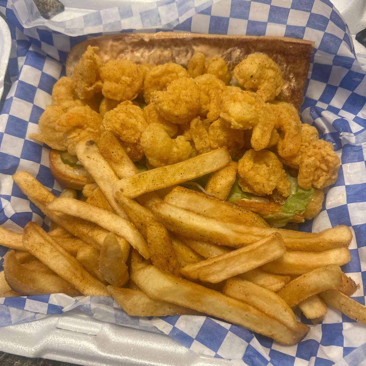 Fried shrimp basket served with french fries