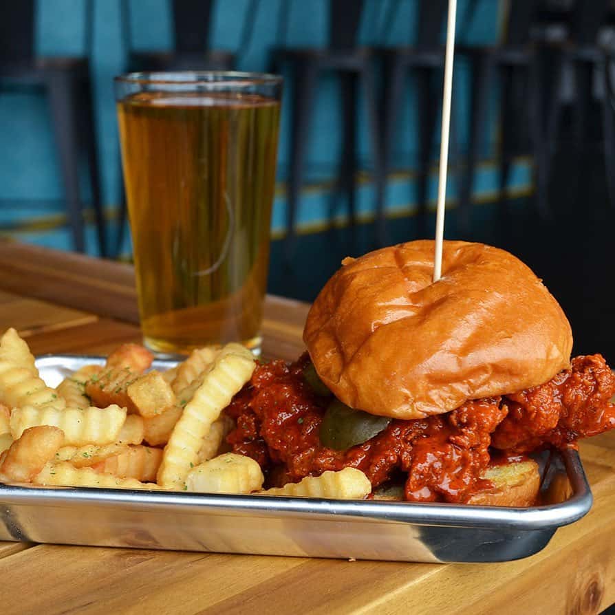 chicken sandwich and a beer