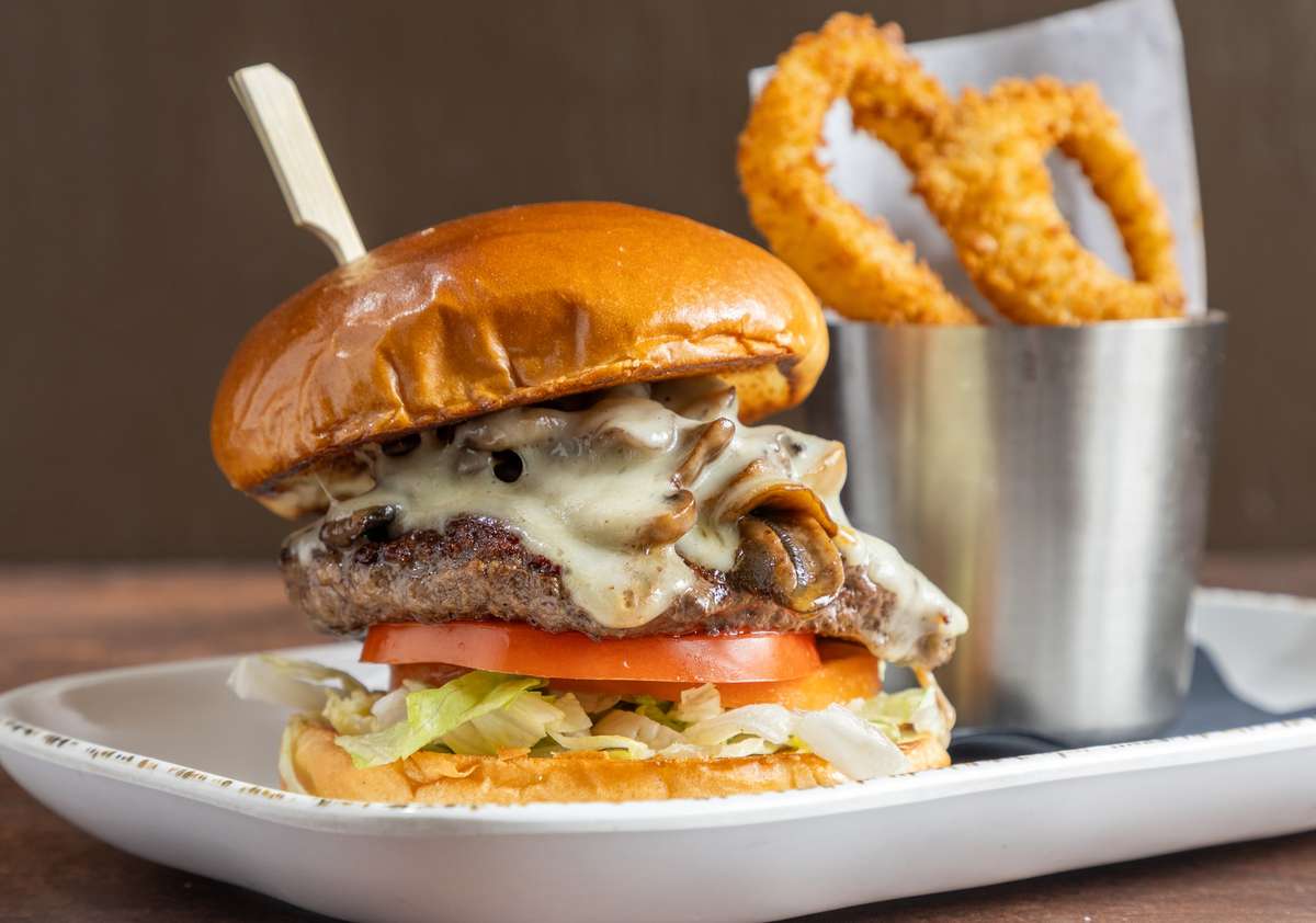 burger and onion rings
