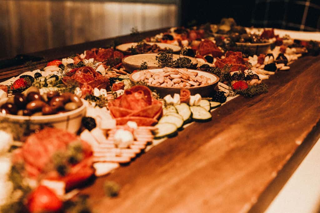 Angled view of large charcuterie board