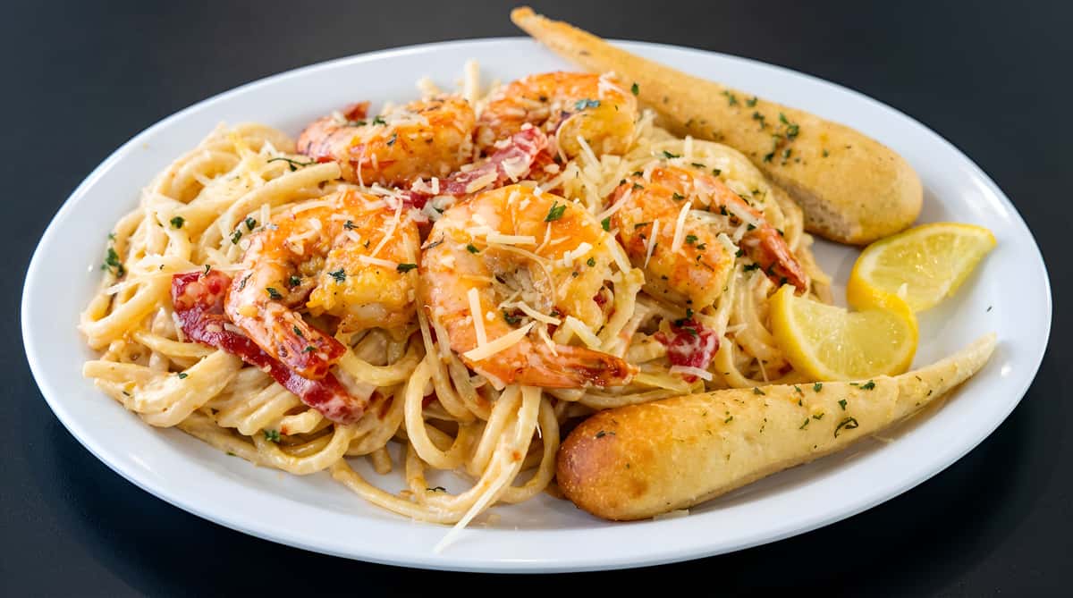 Shrimp pasta with creamy sauce, sun-dried tomatoes, parmesan, parsley, garlic breadsticks, and lemon wedges.