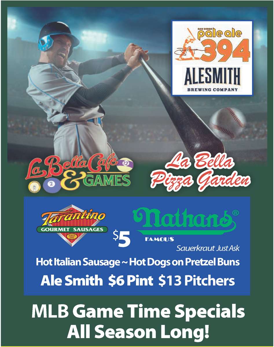 MLB Game Time $5 Nathan Dogs & Tarantino Dogs Ale Smith 394 $6 pints $13 Pitcher