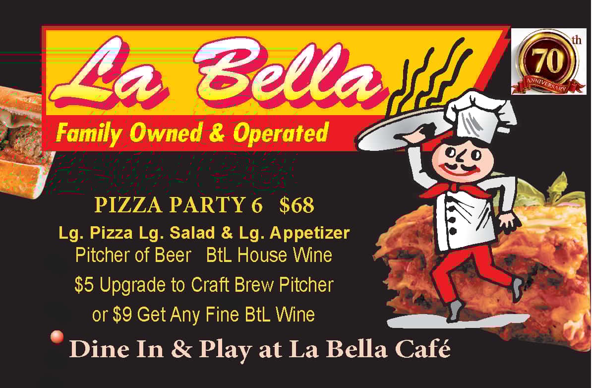 PIZZA PARTY 6 $68 Lg. Pizza Lg. Salad & Lg. Appetizer Pitcher of Beer BtL House Wine $5 Upgrade to Craft Brew Pitcher or $9 Get Any Fine BottLe Wine