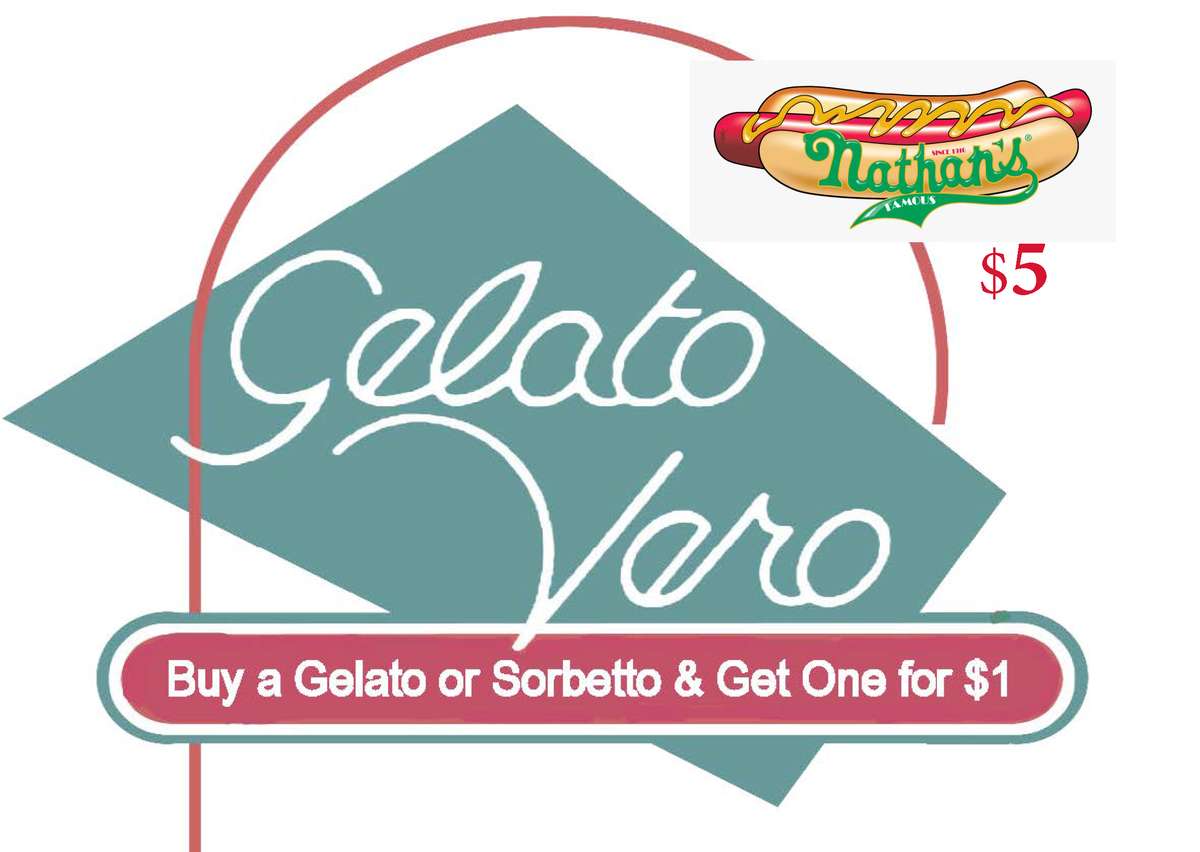 $5 Nathan Dogs Gelato Vero Buy a Gelato or Sorbetto Get Another 1 for $1