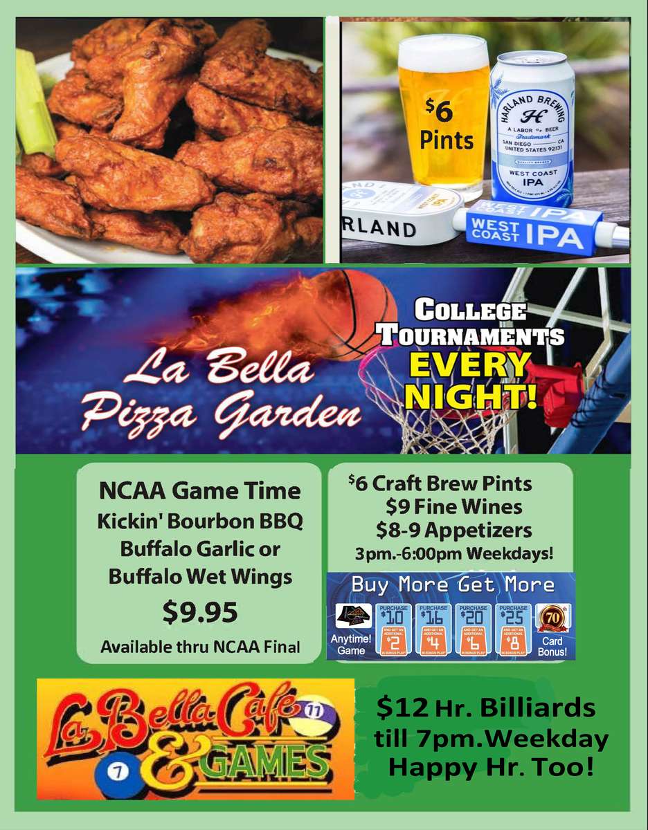 NCAA Gametime $9.95 Wet wings $6 Pints Heartland Brewing Beer of the month