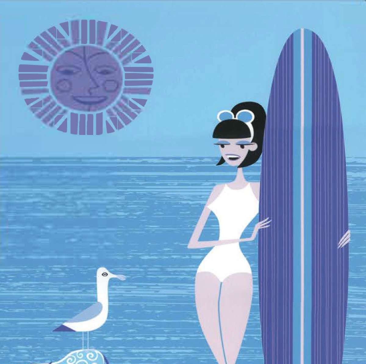 Surfering Girl Sundown with a Surboard on the Beach With a Bird on a statute