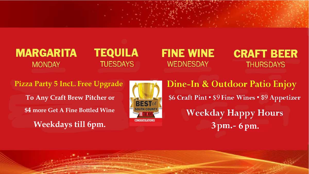 Happy Hour until 6pm! Pizza Party Includes Free Upgrade to Craft Brew Pitcher or $4 more Ge t Any Fine Bottled Wine Margerita Mondays Tequila Tuesdays Wine Wednesdays Craft Brew Thursdays Dine Happy Hour $6 Craft Brew Pints $8 Wines & $9 Appetizers