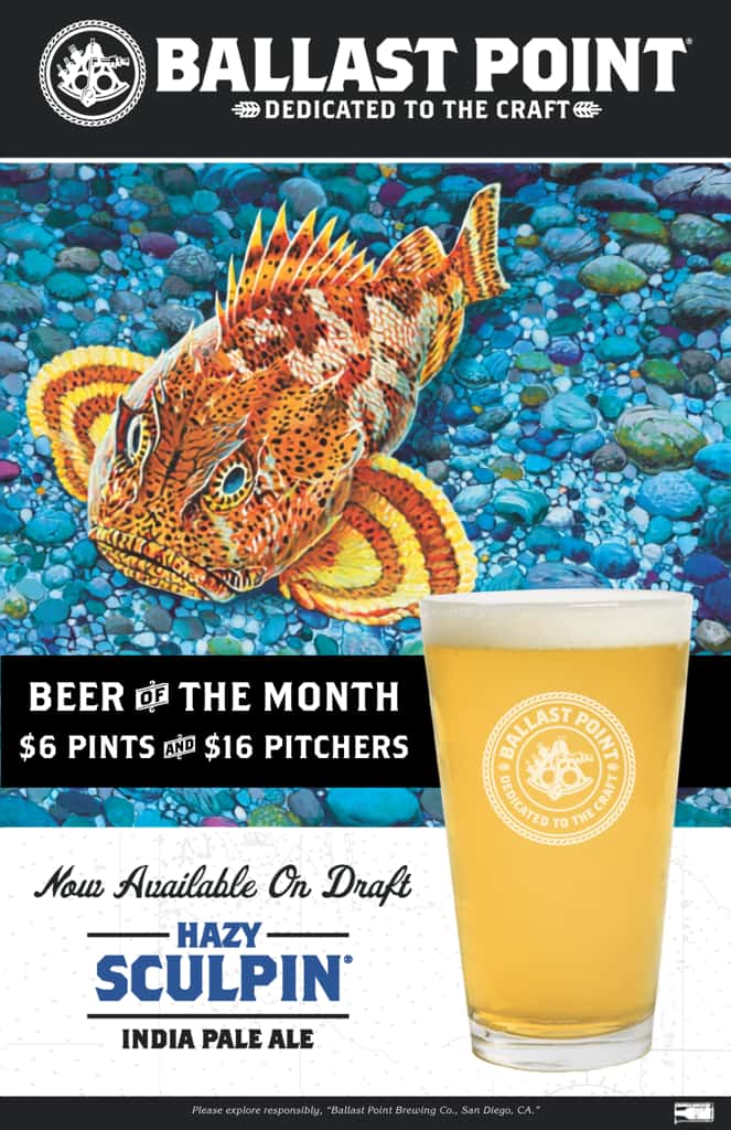 Image of a Fish Under Water & a Pint of Beer Beer of the Month Point Hazy Sculpin I.P.A. $6 Pints and $16 Pitchers Ballast Now Available on Draft