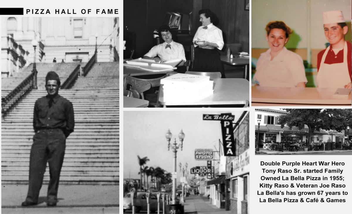 La Bellas History Double Purple Heart Veteran Tony Raso War Hero standing on the Roman steps opened La Bellas on Third Ave back in 1955, two waitress take a break in the Pizzaria, Waitresses Kitty with War Veteran Joe Raso Joe & Kitty in in the original Dining room Counter La Bella Grown 67 Years to La Bella cafe & Games