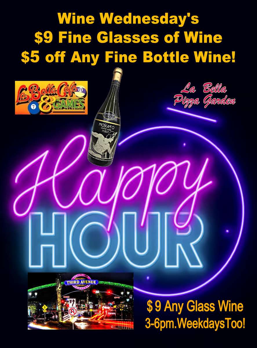Wine happy hour 9 Fine Glasses Wine $5 off bottles on Wednesday