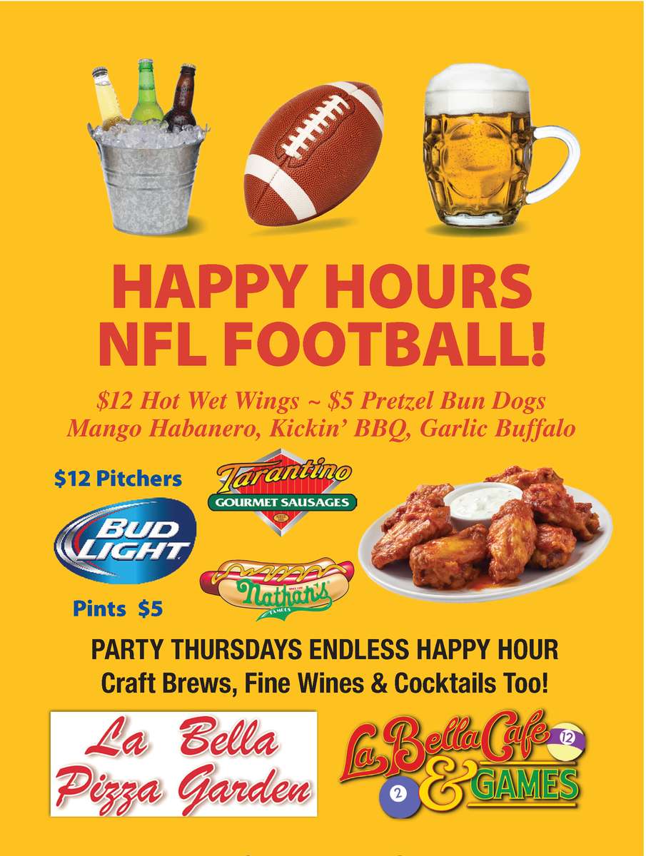 HAPPY HOURS NFL FOOTBALL $12 Hot Wet Wings ~ $5 Pretzel Bun Nathan & Tarantino Dogs Mango Habanero, Kickin' BBQ, Garlic Buffalo Bud Light $12 Pitchers $5 Pints Paert Thursdays Endles Happy Hour Craft Brews fine Wines & Cocktails Too