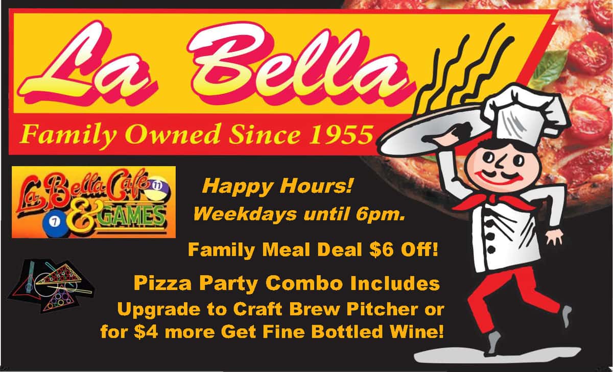 Happy Hours! Weekdays till 6pm. $6 Off Family Meals Pizza Party Combo Includes Free Upgrade Craft Brew Pitcher or Get Any Fine Bottled Wine $4 more