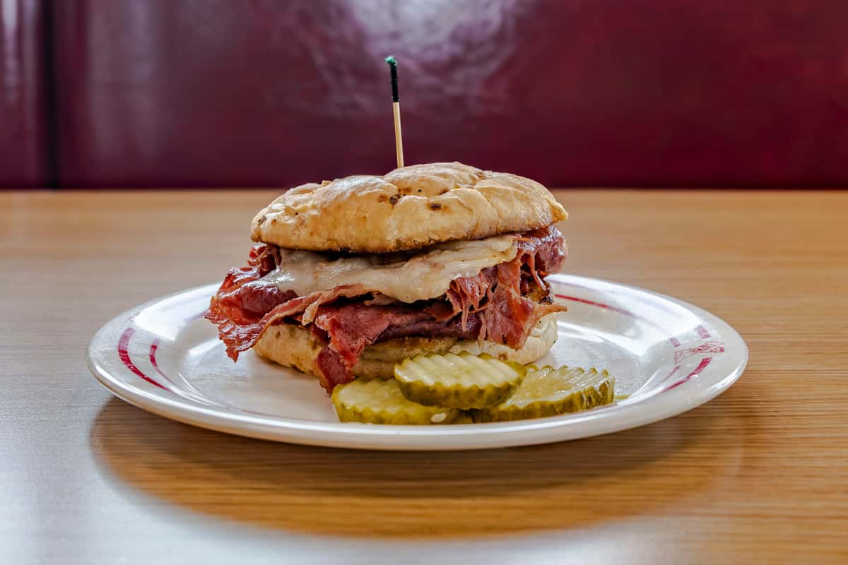 Corned beef and Swiss on an onion roll