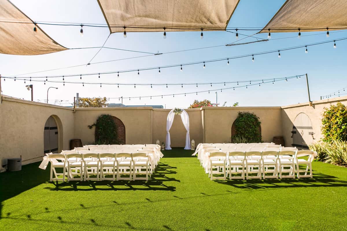 An outdoor space set up for a wedding ceremony