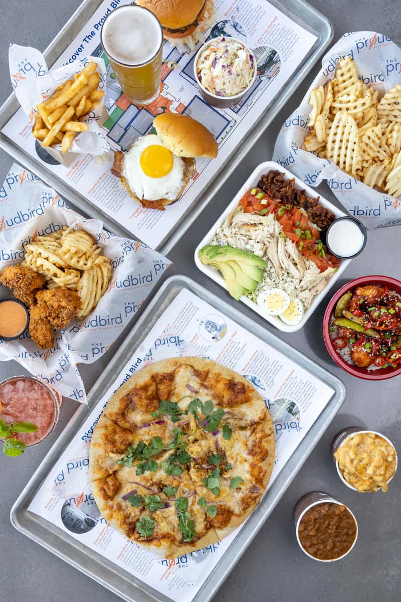 Trays of food on a table