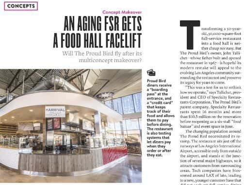 Magazine feature highlighting The Proud Bird aviation-themed food hall transformation with modern industrial design and airport-inspired dining experience