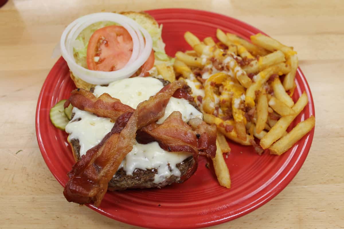 Bacon cheeseburger and fries