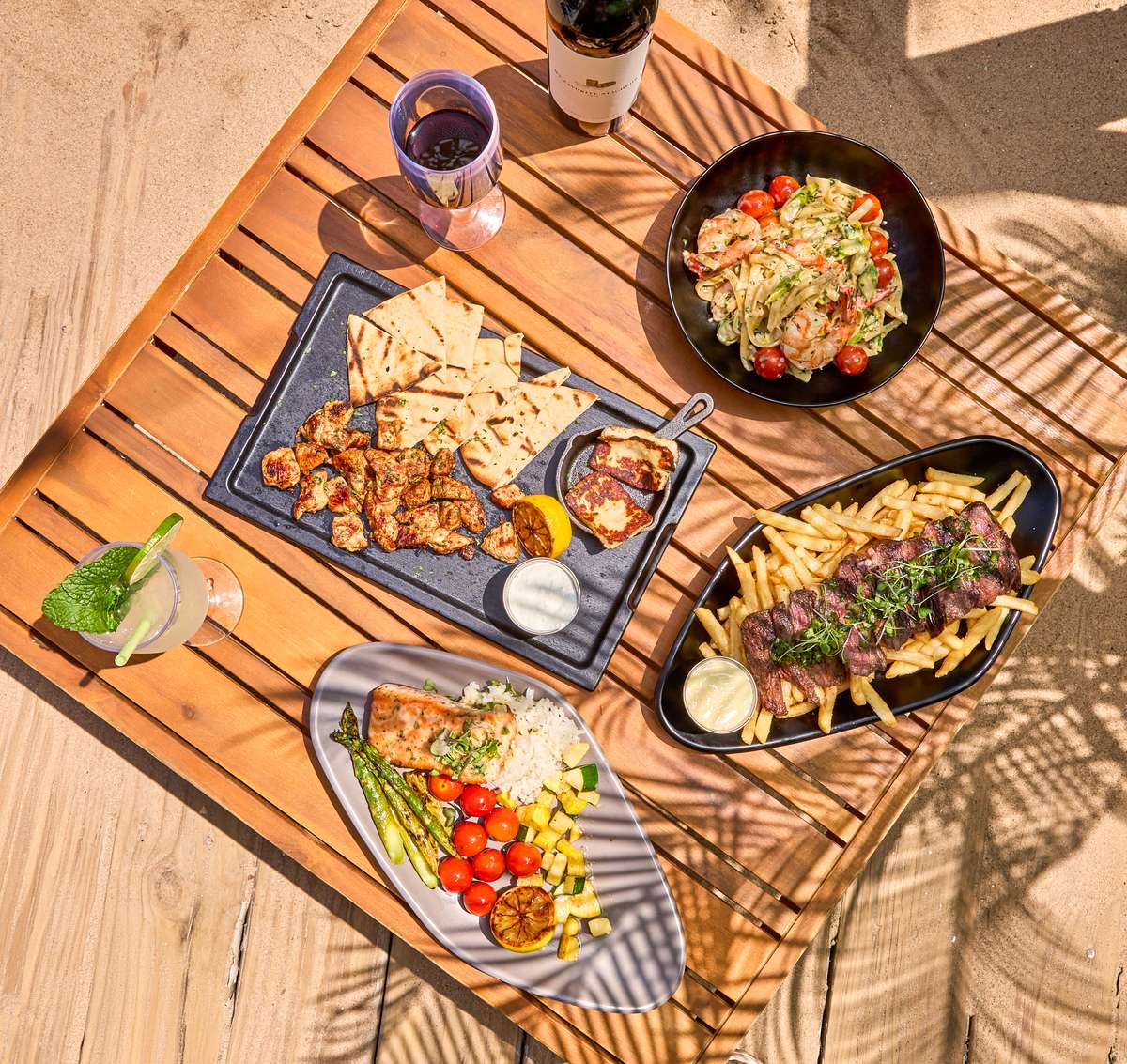Dinner at Shore Club: Steak Frites, Salmon & Mykonos Board