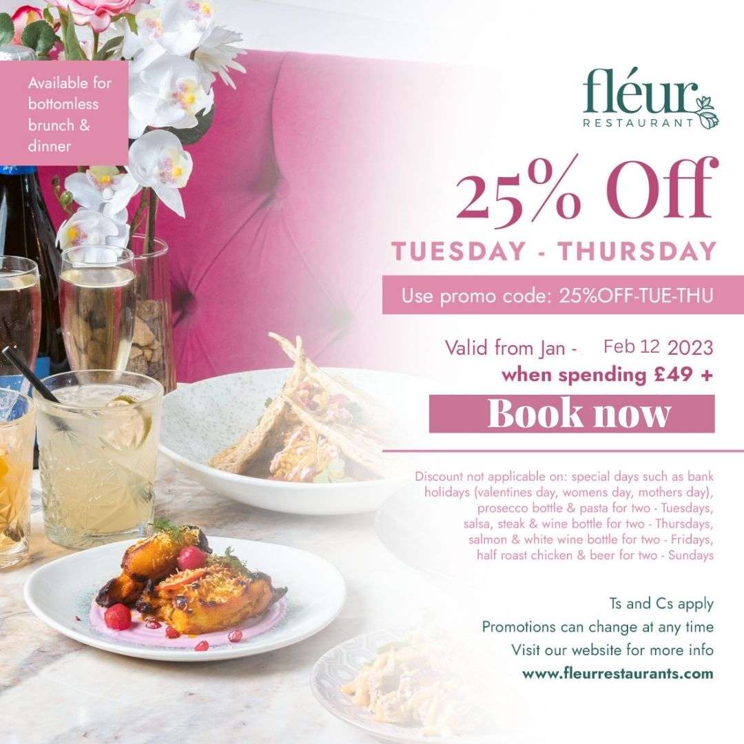 Get 25% Off on Total Bill at Fléur Restaurant and bar in leeds 