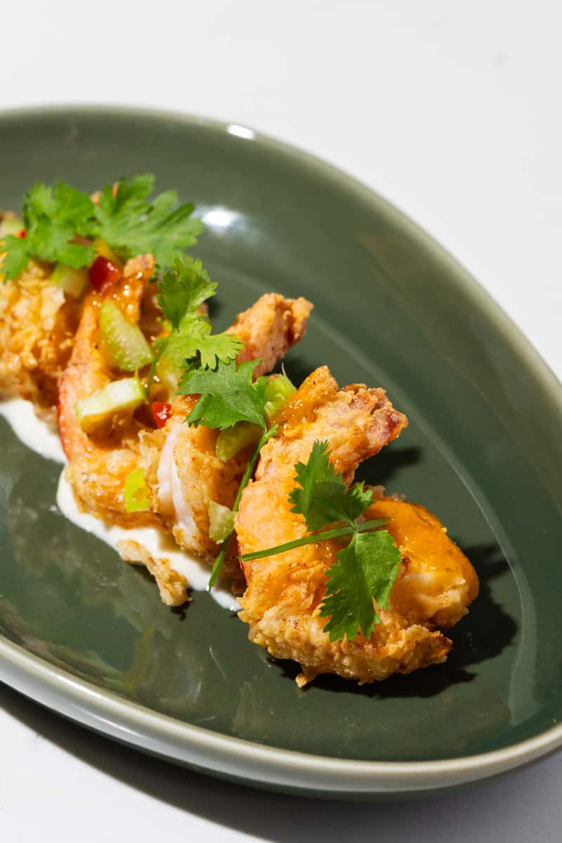 Crispy fried shrimp appetizer topped with fresh cilantro, diced cucumber, and spicy aioli served on a modern green plate