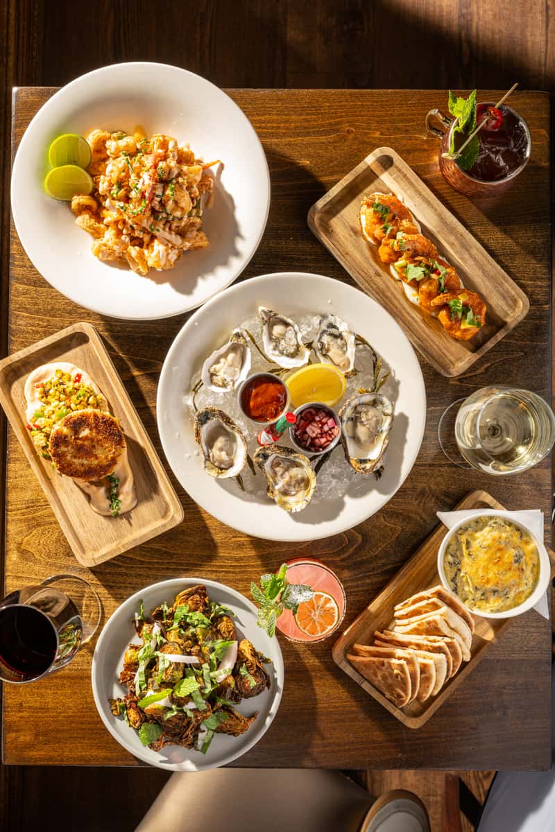 oysters and crab cake on table