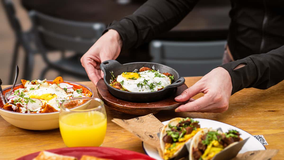 Chorizo and Potato Hash* $13 crispy potatoes, bell peppers, onion, jack cheese, over easy egg, green onion