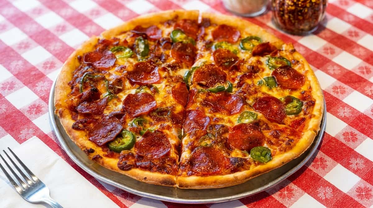 Pepperoni and jalapeño pizza slices on a metal tray, resting on a red and white checkered tablecloth.