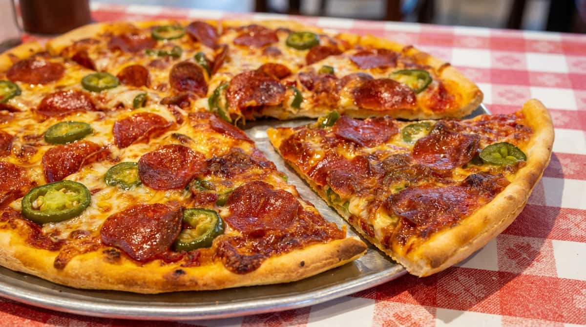 Round pepperoni and jalapeno pizza on a metal tray, with salt and pepper shakers on a red and white checkered tablecloth.