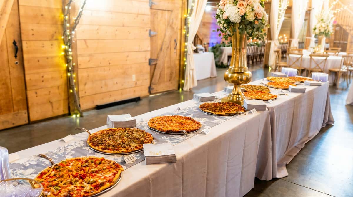 A long white table displays several pizzas on silver trays with napkins, set in a rustic venue with barn doors.