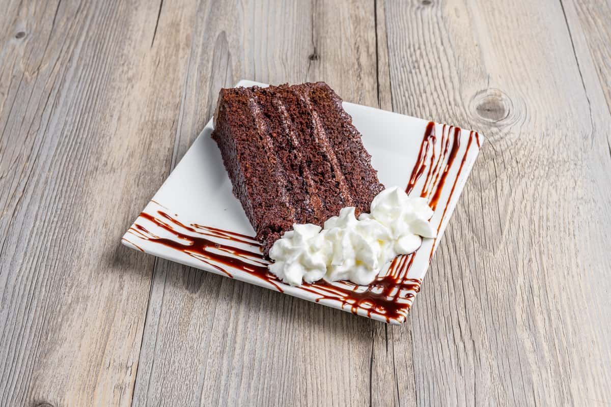 Chocolate cake on a square plate