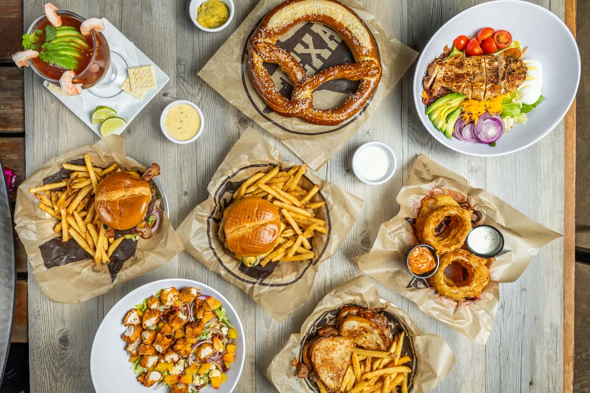 Top down view of multiple dishes offered at Spechts Texas