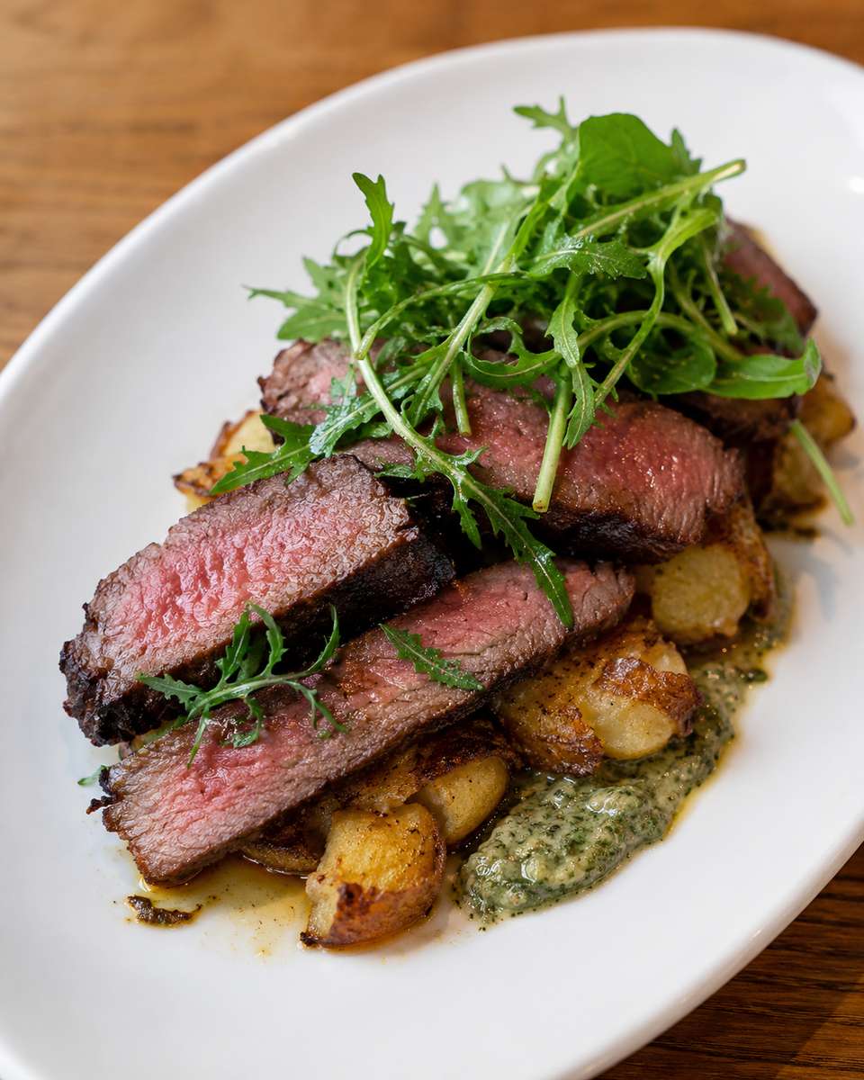 pan seared medium rare steak with seasonal vegetables at Griff's Kitchen and Bar