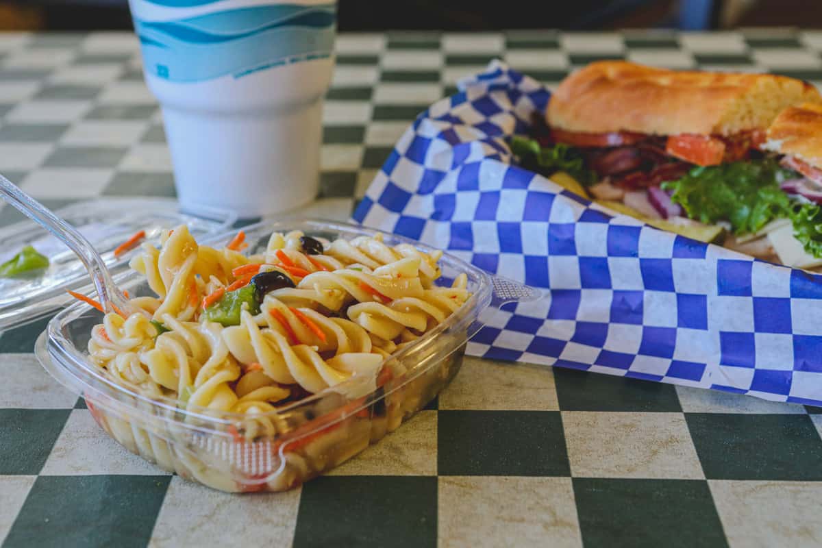 spicy chicken club and pasta salad