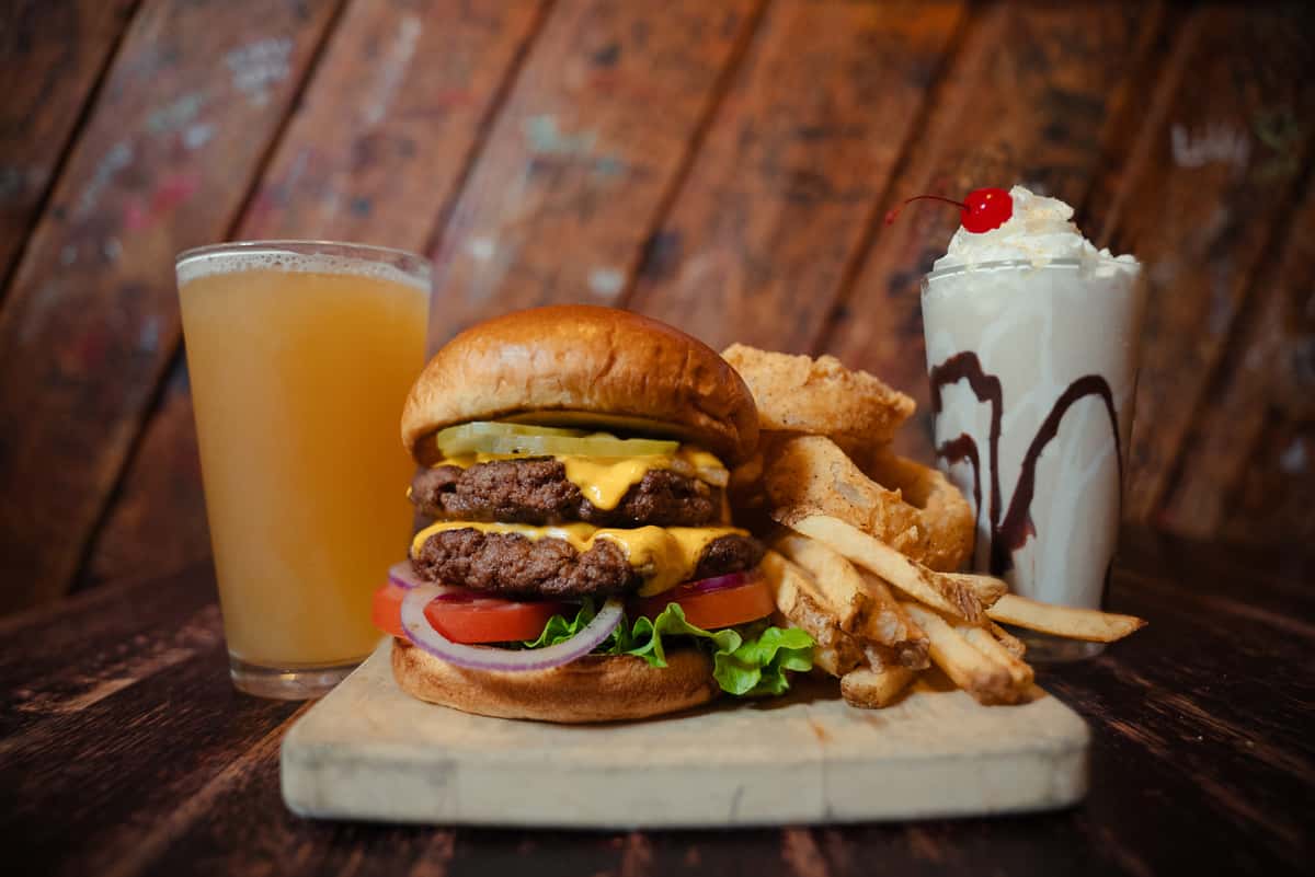 Burger, milkshake, fries and soda