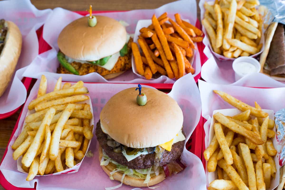 various burgers and fries