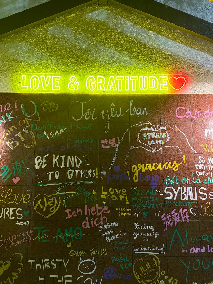 Wall with neon sign reading "LOVE & GRATITUDE ❤️" above colorful handwritten messages and doodles in multiple languages.