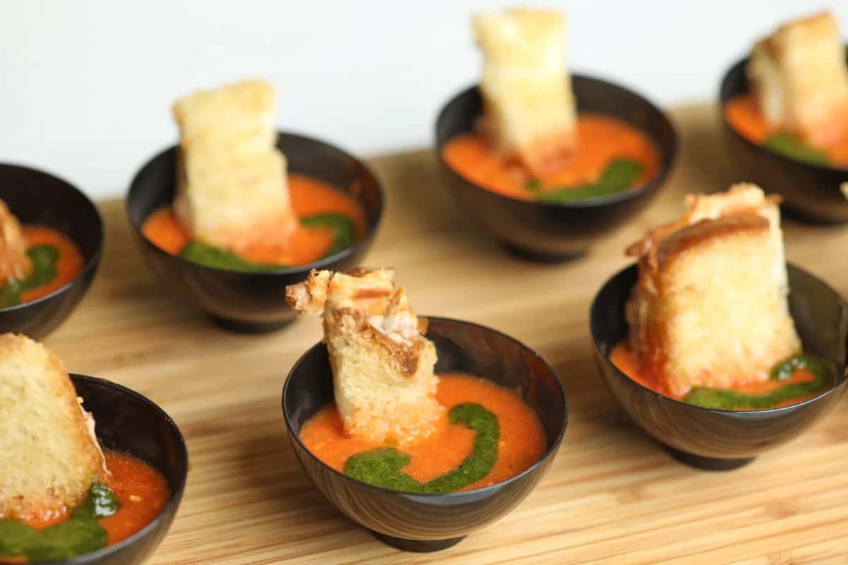 grilled cheese bites in tomato soup shooter cups